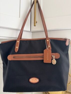Coach Black Tote with Brown Leather Trim and Gold Hardware